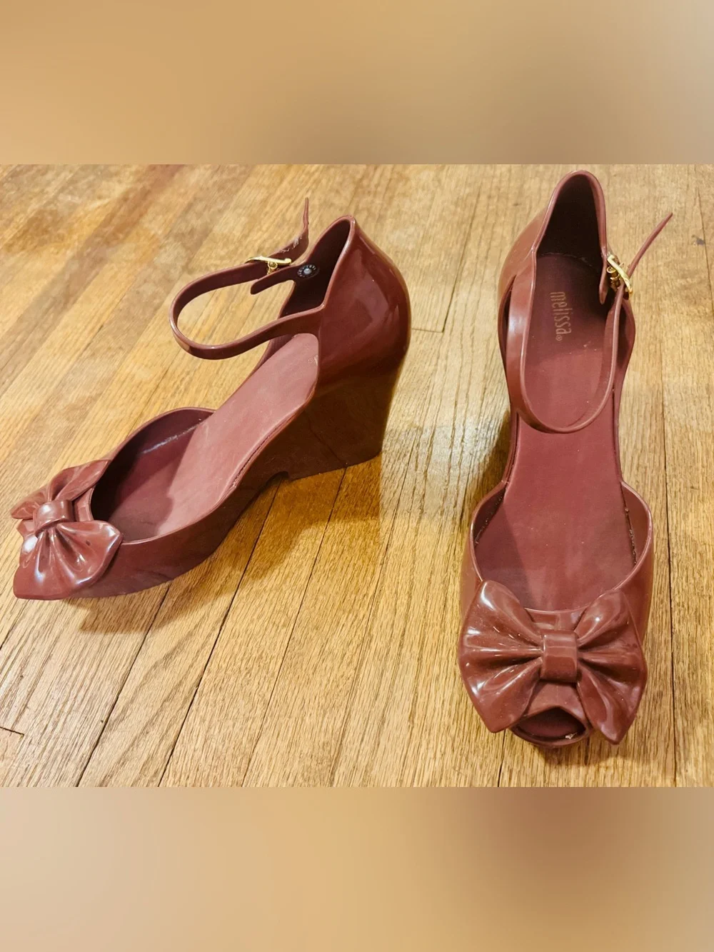 Melissa Wine Red Peep-Toe Wedges with Bow